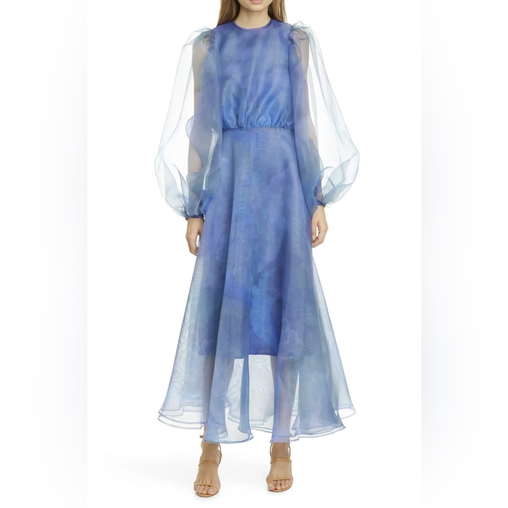 Beaufille Watercolor Print Long Sleeve Organza Gown